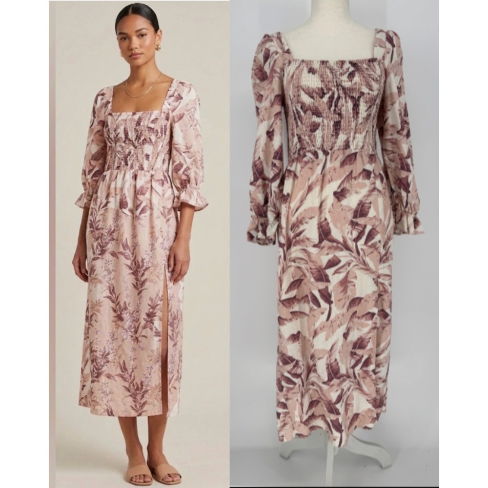 House of Harlow Midi Dress S Linen Smocked Puff Sleeve Tropical Cottagecore